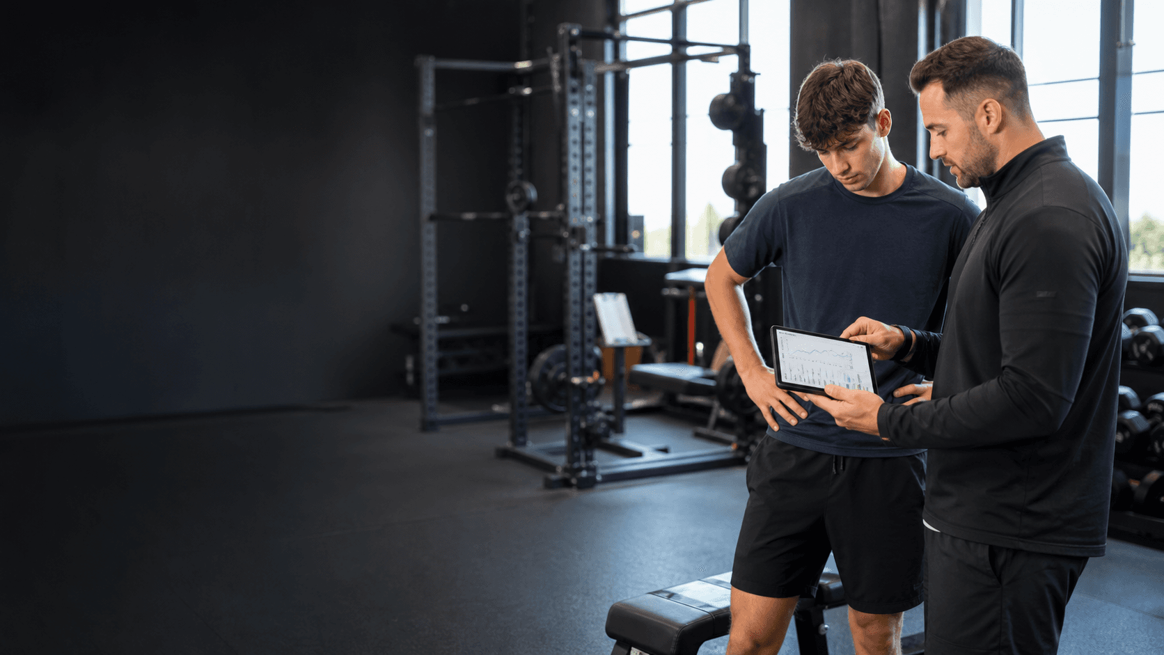 Coach reviewing athlete progress in a strength training facility